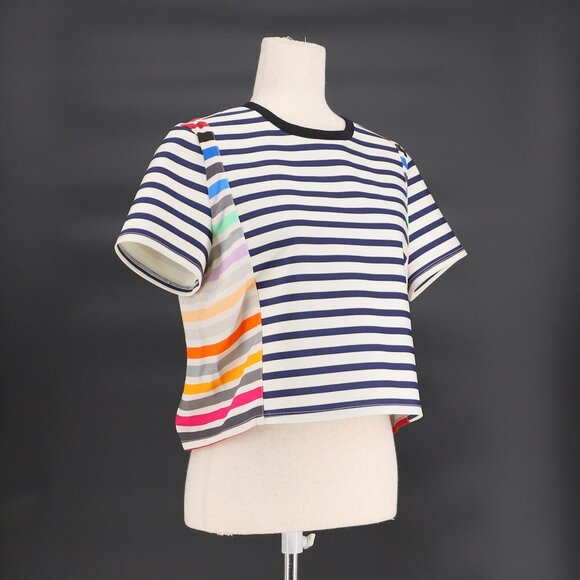 TANYA TAYLOR Rainbow Navy Stripe Short Sleeve Crop Crew Neck Top Size 10 - Picture 3 of 7